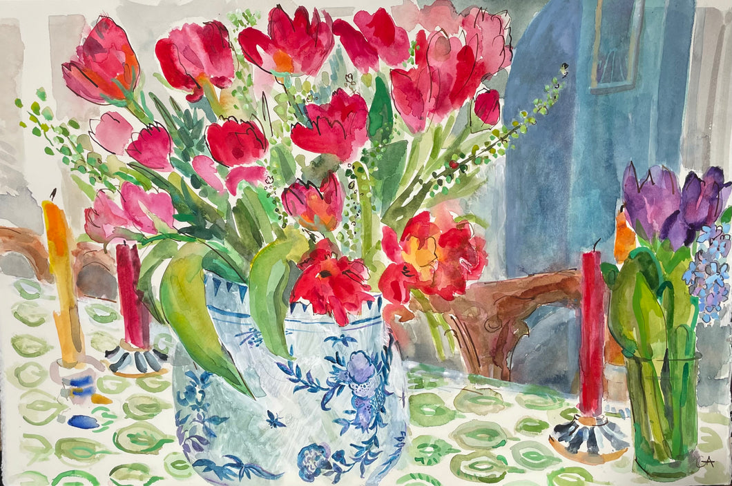 Clare Arbuthnott 'Still Life with Red Tulips and Candles'